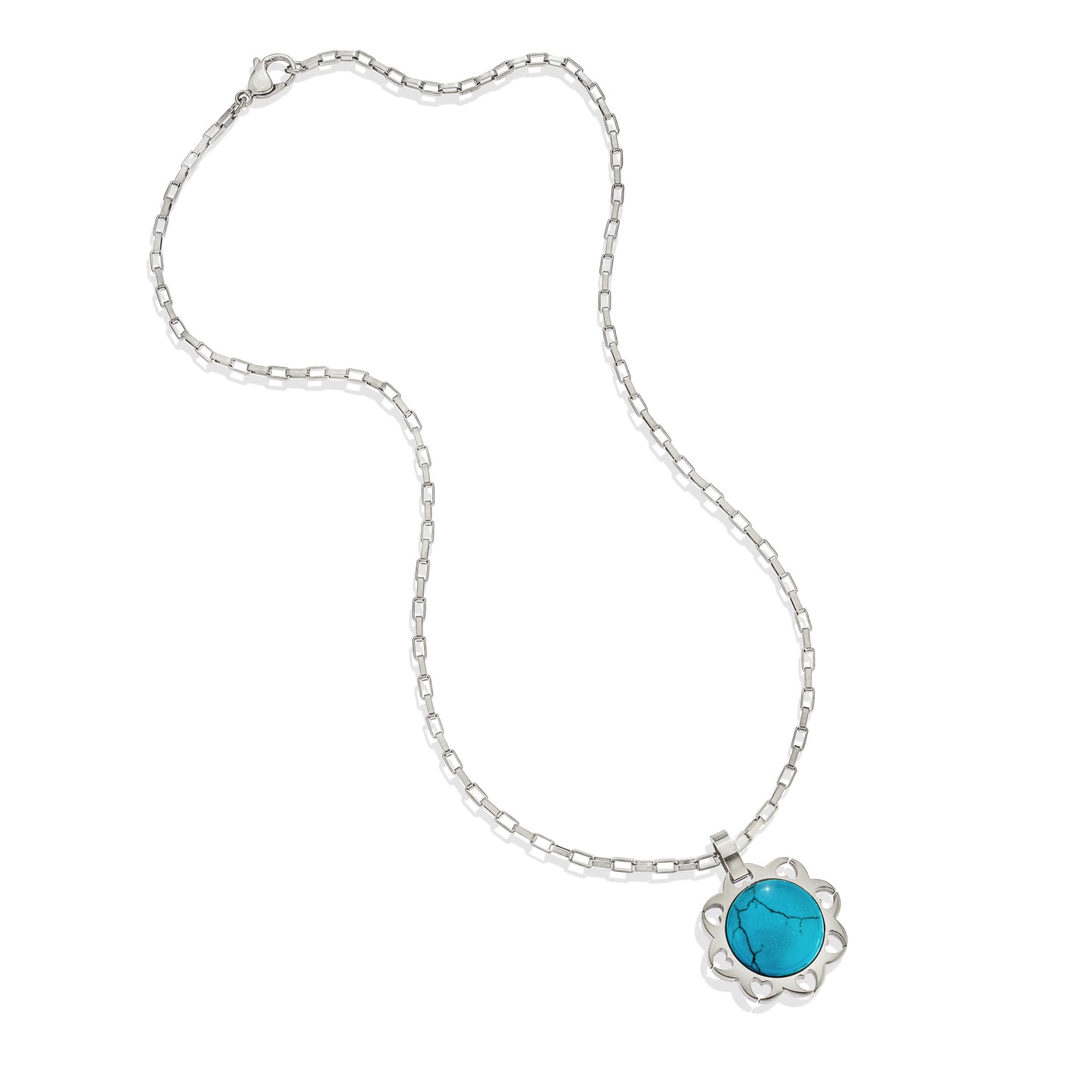 Turquoise Heart Frame Pendant Necklace with Paperclip Chain - Stainless Steel 18 Inch Necklace with Removable Pendant