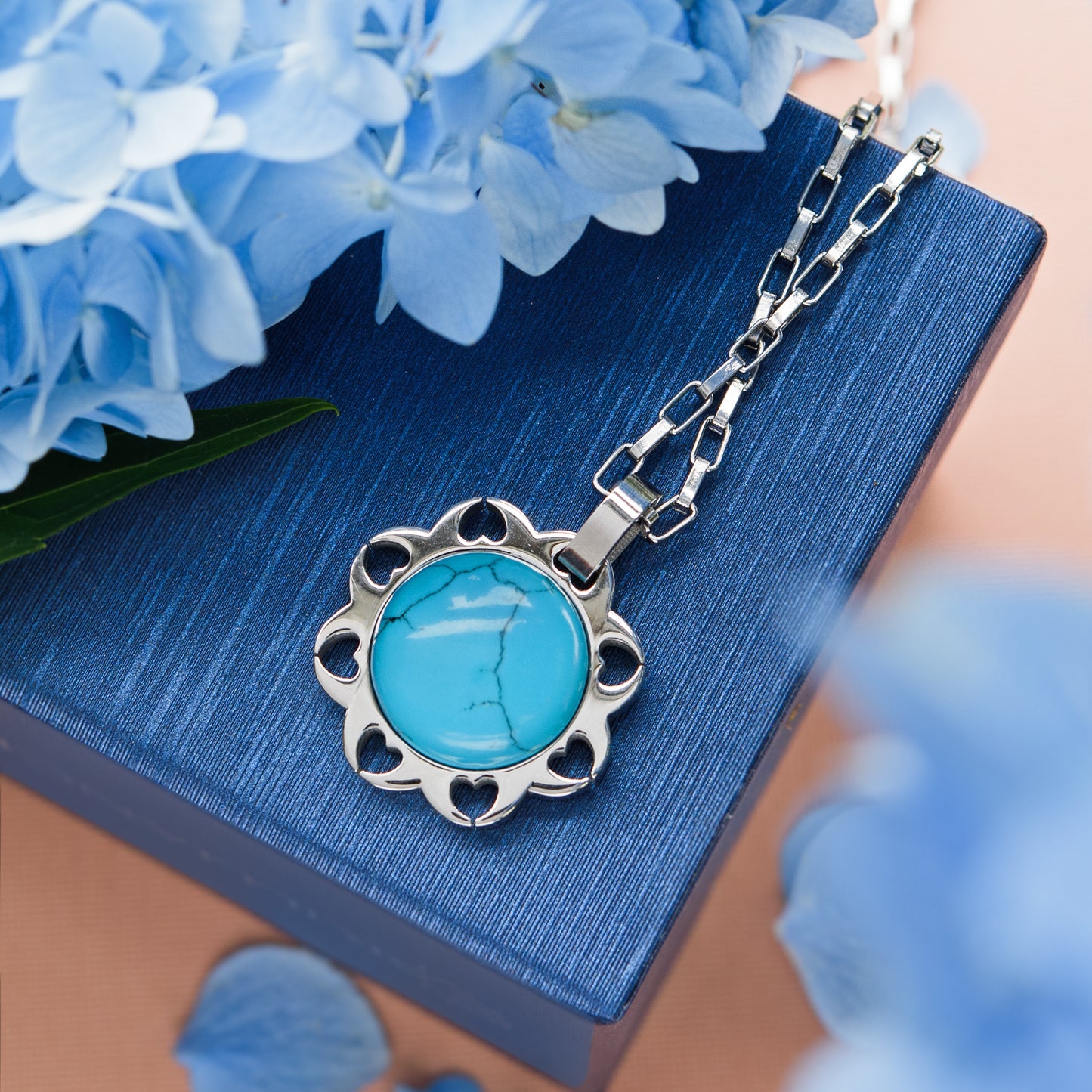 Turquoise Heart Frame Pendant Necklace with Paperclip Chain - Stainless Steel 18 Inch Necklace with Removable Pendant