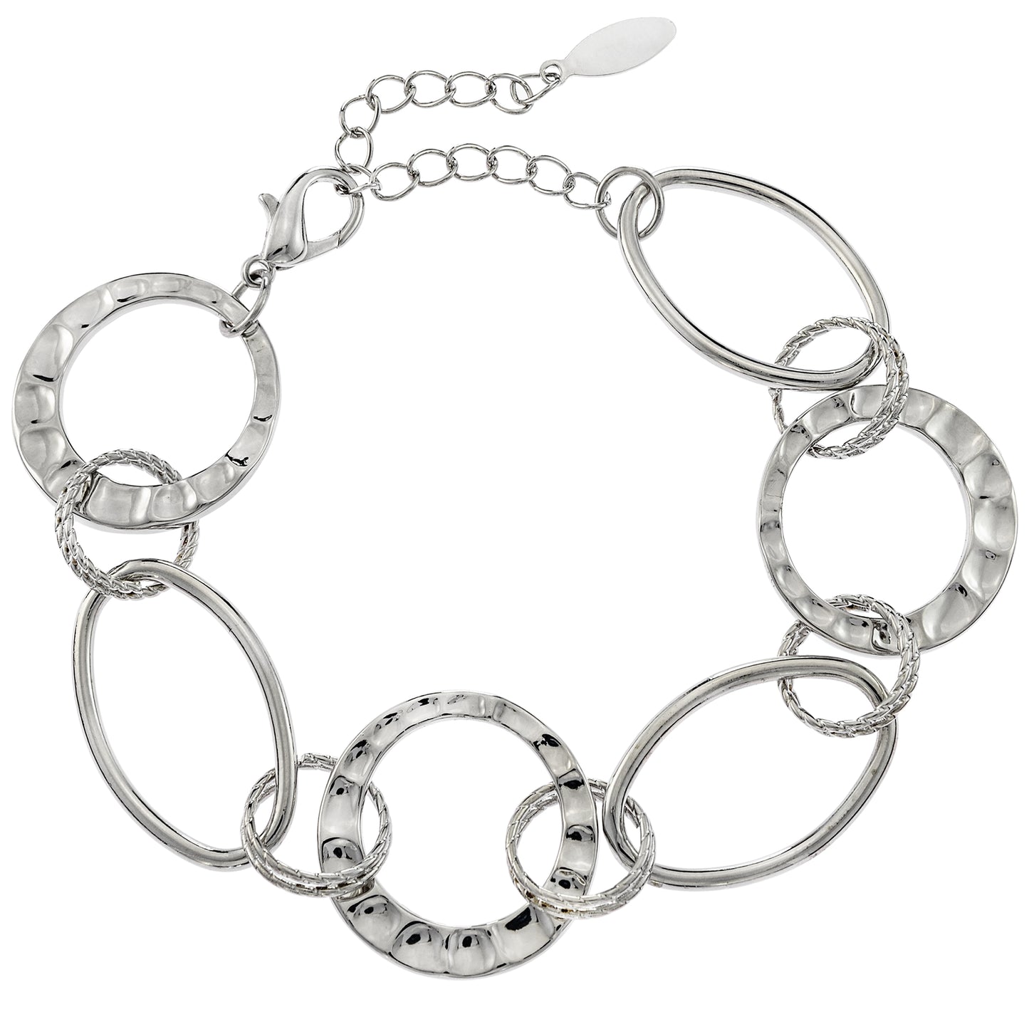 Silver Tone Circle Link Chain Bracelet with Textured and Smooth Rings