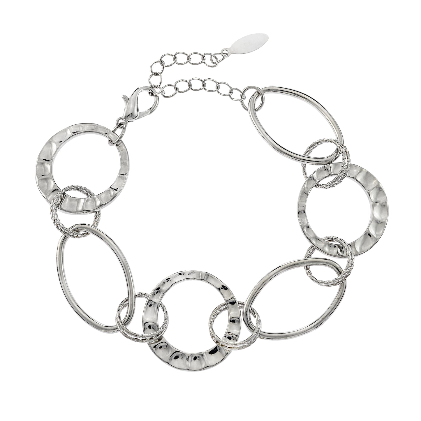 Silver Tone Circle Link Chain Bracelet with Textured and Smooth Rings