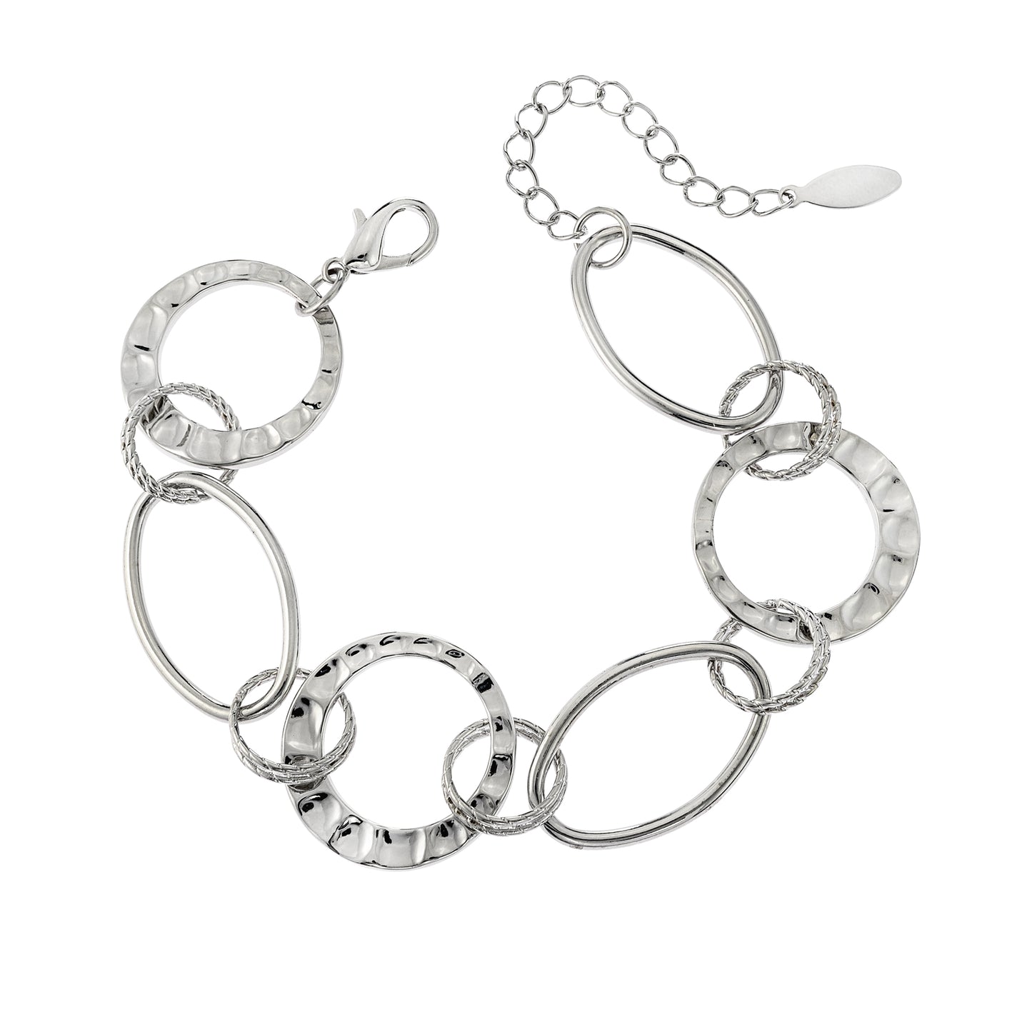 Silver Tone Circle Link Chain Bracelet with Textured and Smooth Rings