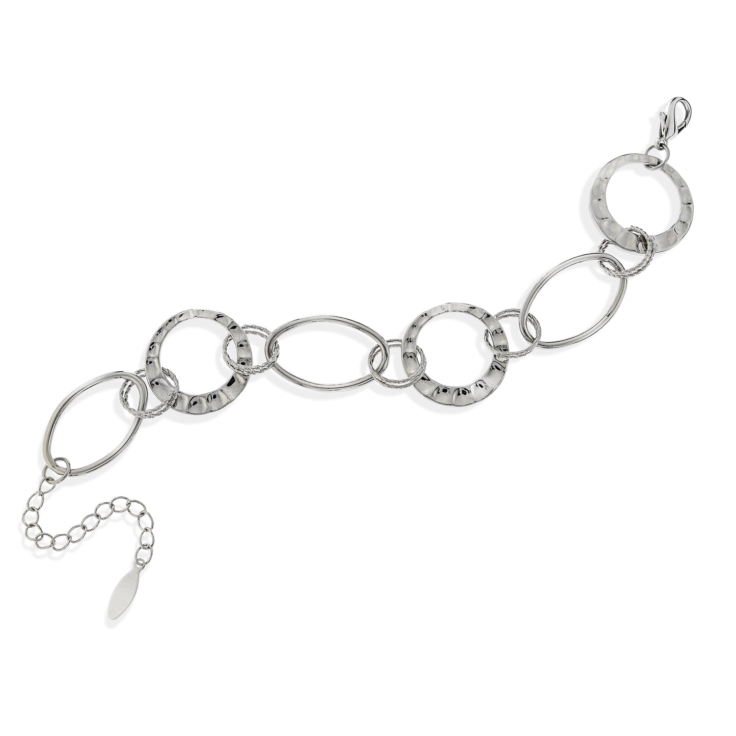 Silver Tone Circle Link Chain Bracelet with Textured and Smooth Rings