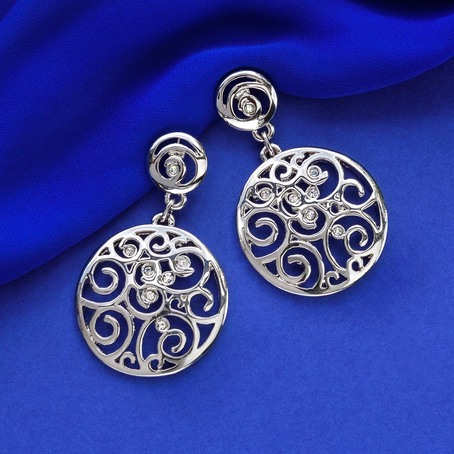 Elegant Silver Tone Austrian Crystal Filigree Drop Dangle Earrings with Scroll Design