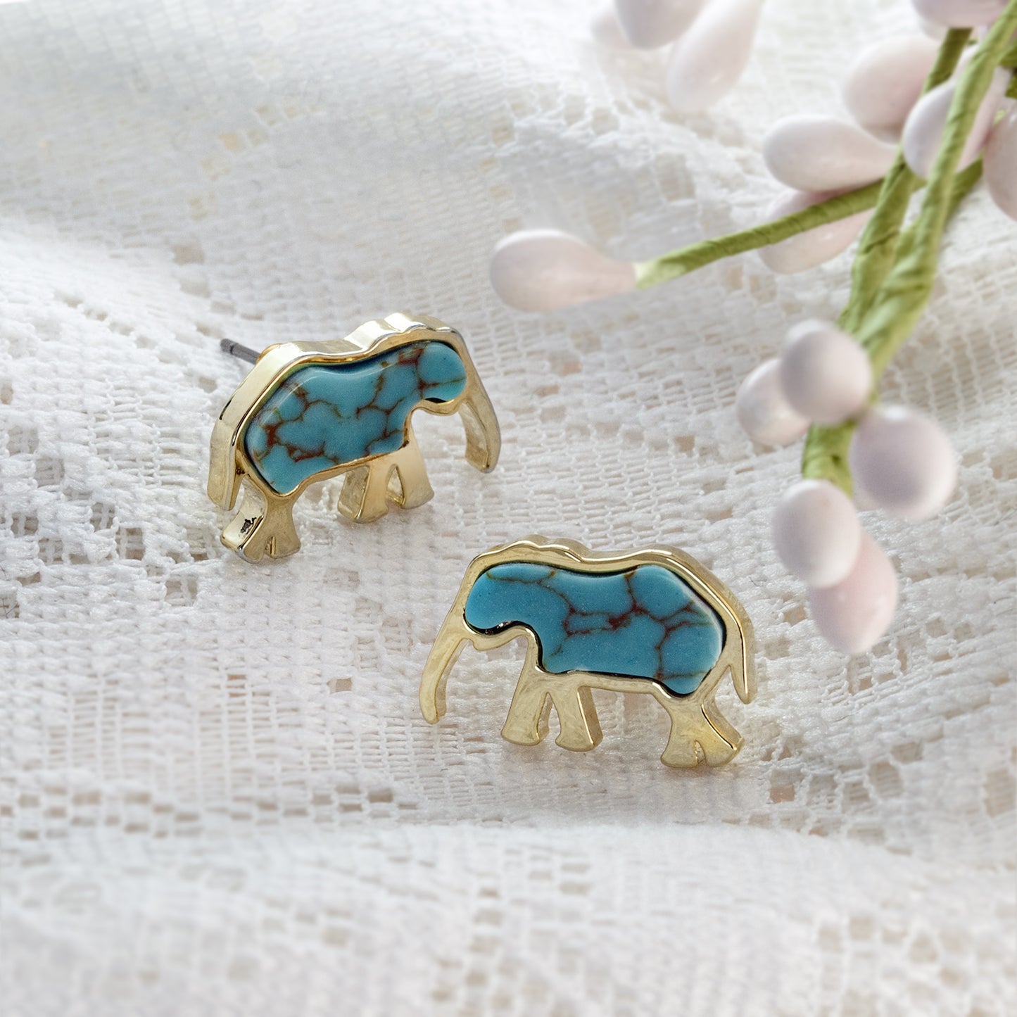 turquoise-turquoise earrings-elephant jewelry-elephant earrings-gold earrings-post earrings