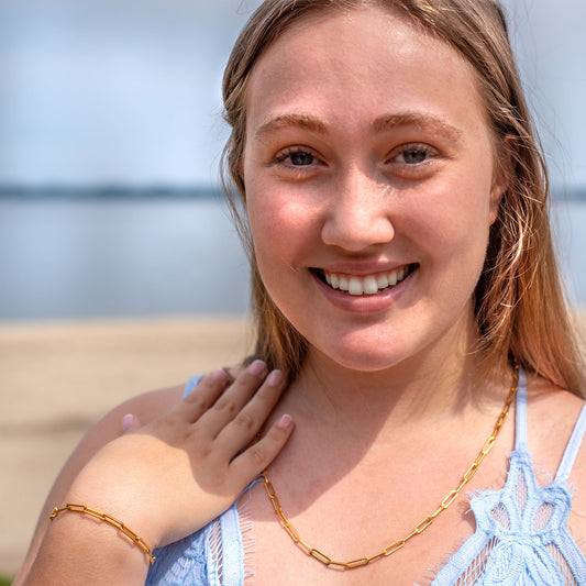 18kt Gold Plated Paperclip Chain Link Bracelet Stainless Steel 7.5 Inch Modern Fashion Jewelry