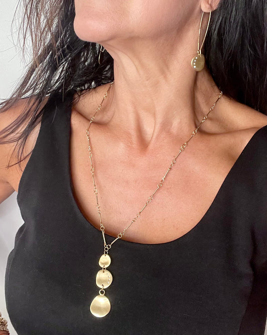 24 Inch Triple Disc Austrian Crystal Gold Tone Long Pendant Statement Necklace