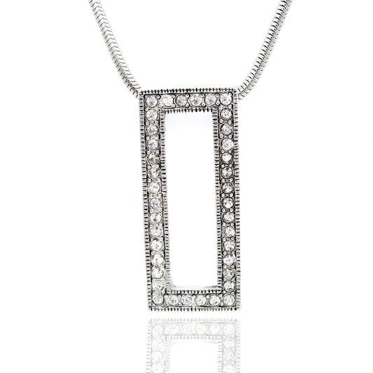 Elegant Rectangle Austrian Crystal Pendant Necklace with Snake Chain Silver Tone 16 Inch