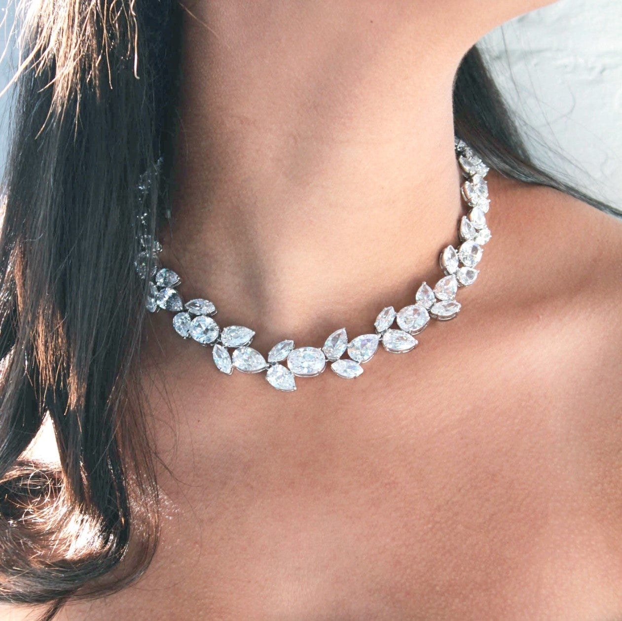 Elegant Cubic Zirconia Bridal Necklace with Teardrop, Oval and Marquise Cut Stones - Silver Tone Wedding Jewelry