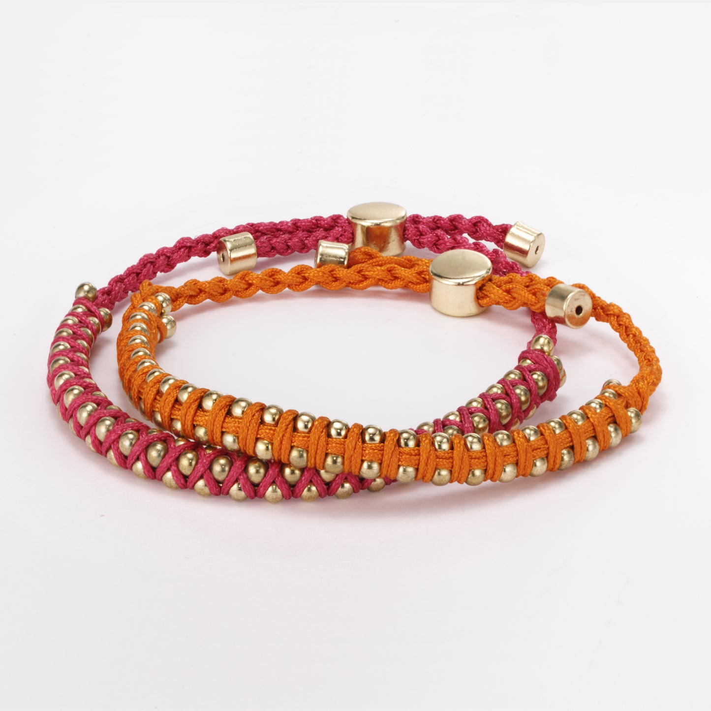 Adjustable Hot Pink Braided Cord Friendship Bracelet with Gold Tone Beads for BFF Best Friends