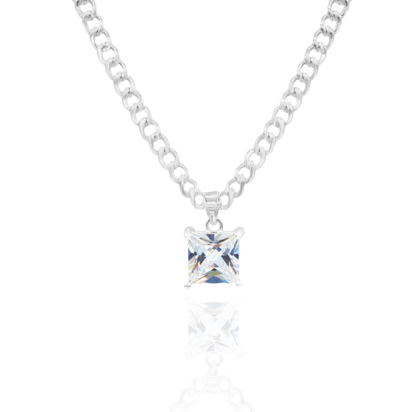 Elegant Square Cut 3 ct Cubic Zirconia Necklace and Matching Stud Earrings Set in White Gold Tone