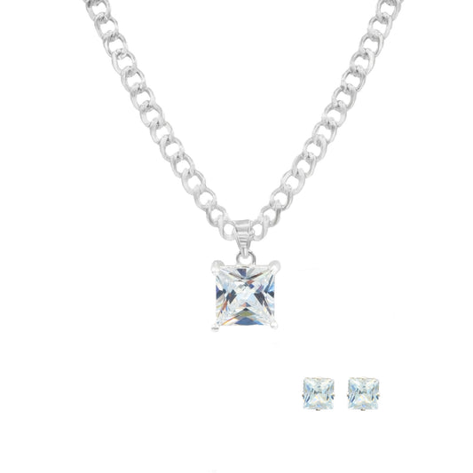 Elegant Square Cut 3 ct Cubic Zirconia Necklace and Matching Stud Earrings Set in White Gold Tone