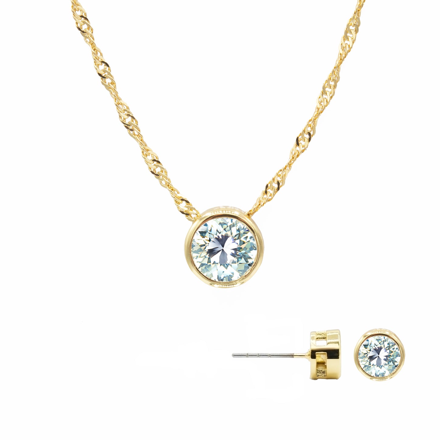 5 Carat Total Weight Round Cubic Zirconia Bezel Set Necklace and Stud Earrings Jewelry Set in Yellow Gold Tone