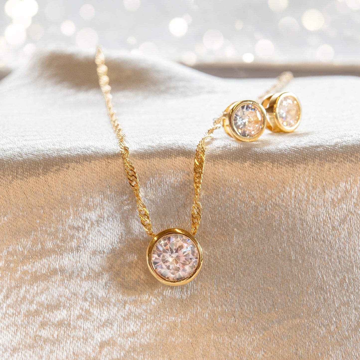 5 Carat Total Weight Round Cubic Zirconia Bezel Set Necklace and Stud Earrings Jewelry Set in Yellow Gold Tone