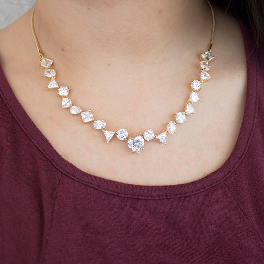 Elegant Cubic Zirconia Gold Tone Statement Necklace with Mixed Crystal Shapes 15.5 inch