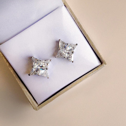 Brilliant Cut Cubic Zirconia Star Stud Earrings with Triangle Accents - 6ct Total Weight