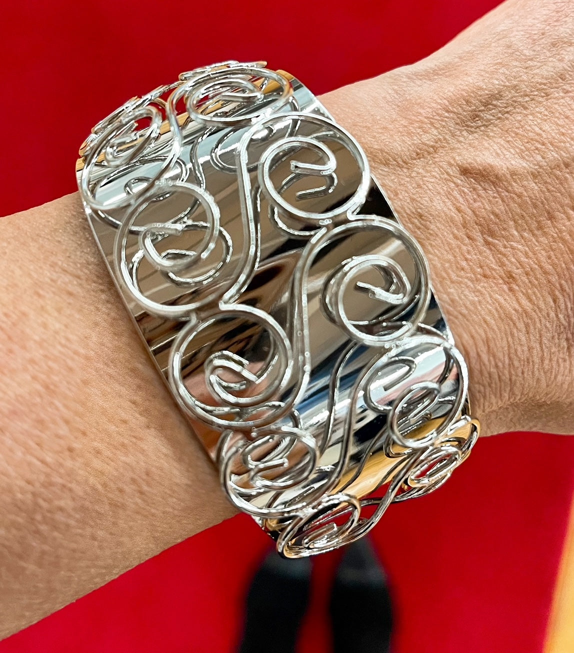 Wide Silver Tone Swirl Pattern Statement Cuff Bracelet with Raised Design