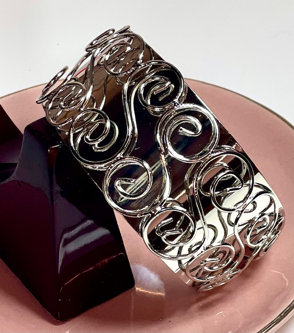 Wide Silver Tone Swirl Pattern Statement Cuff Bracelet with Raised Design