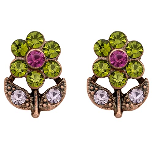 Vintage Style Crystal Flower Stud Earrings with Green Pink and Clear Crystals Rose Gold Tone
