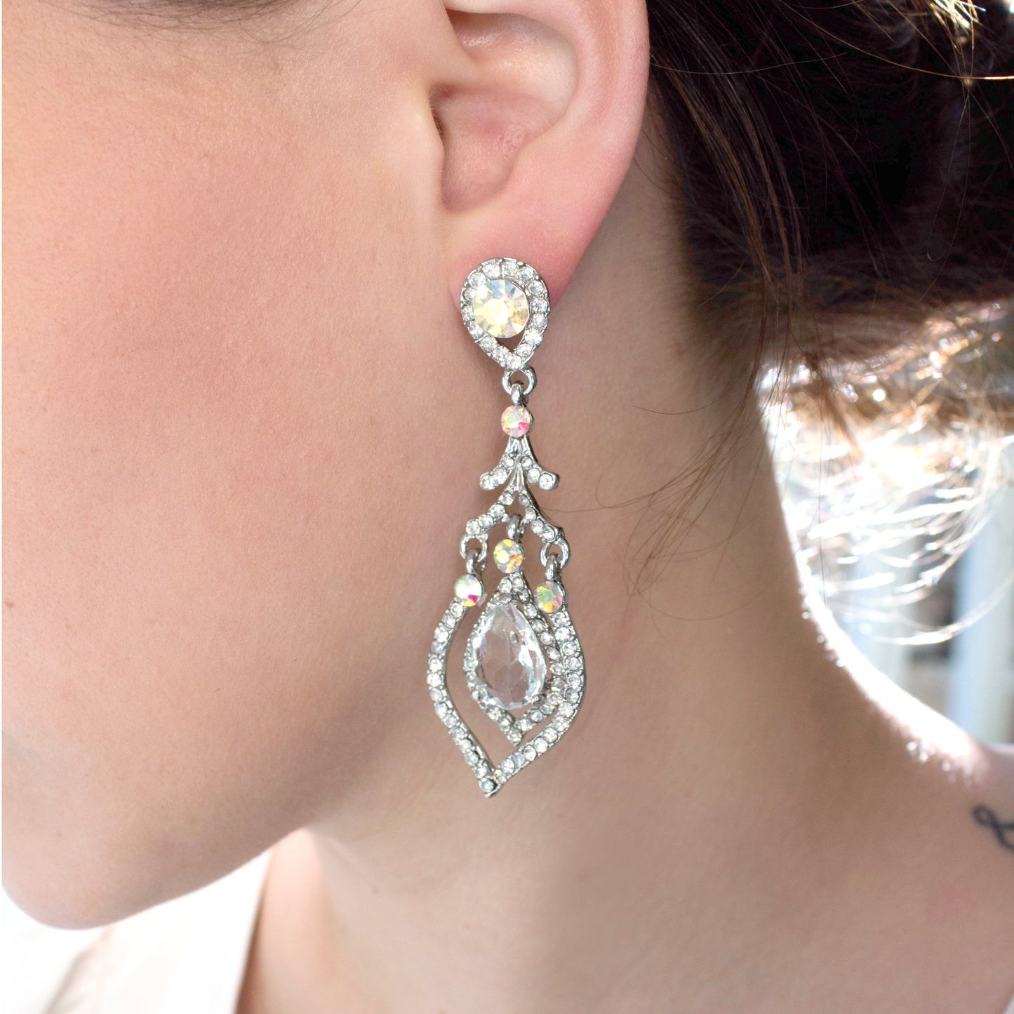 Elegant Crystal Teardrop Chandelier Dangle Earrings with Aurora Borealis Accents - Wedding Bridal Jewelry