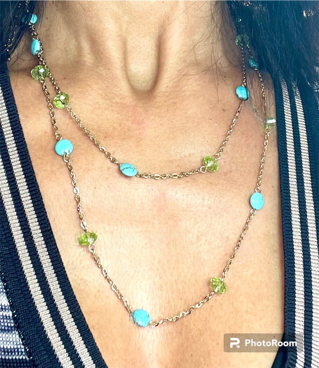 Long Turquoise and Green Crystal Station Necklace with Gold Tone Chain - 40 Inch Layering Necklace