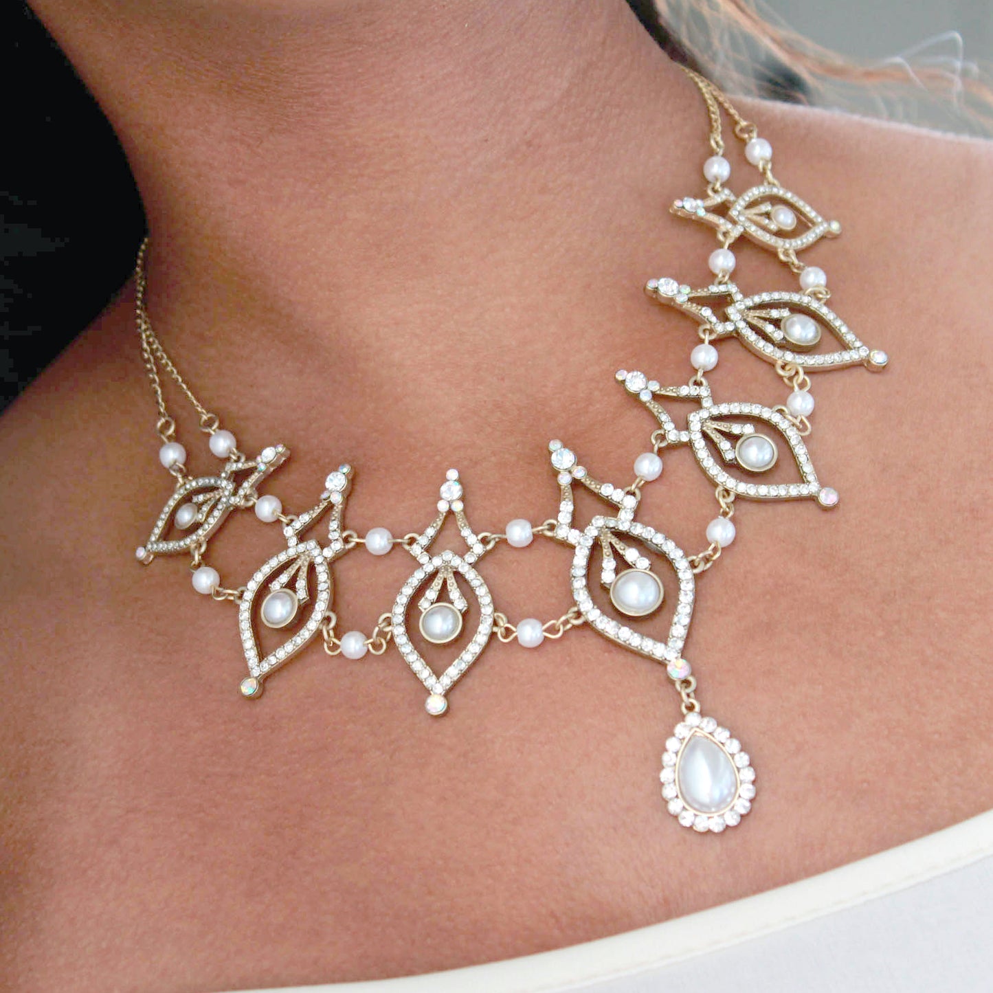Vintage Style Pearl and Crystal Statement Necklace with Austrian Crystals and Aurora Borealis Accents