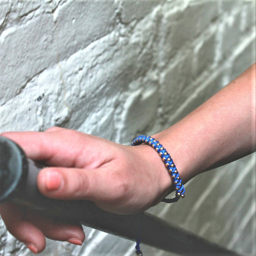 Adjustable Blue and Gold Beaded Friendship Bracelet - Woven Cord Bracelet with Gold Tone Beads