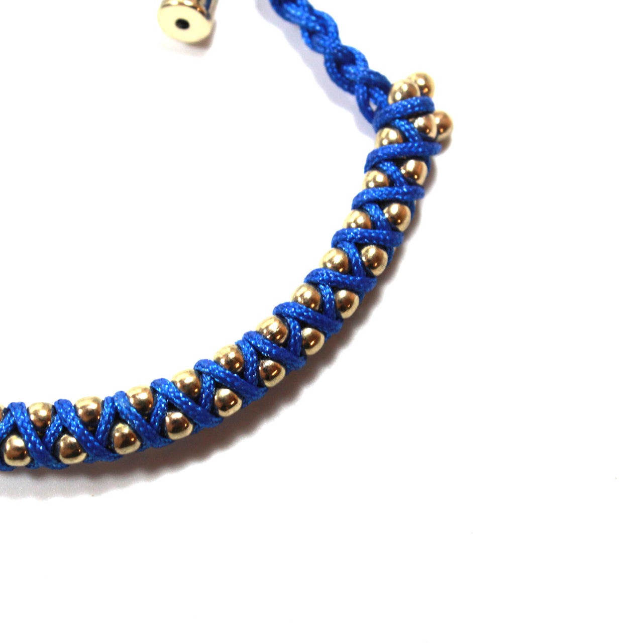 Adjustable Blue and Gold Beaded Friendship Bracelet - Woven Cord Bracelet with Gold Tone Beads