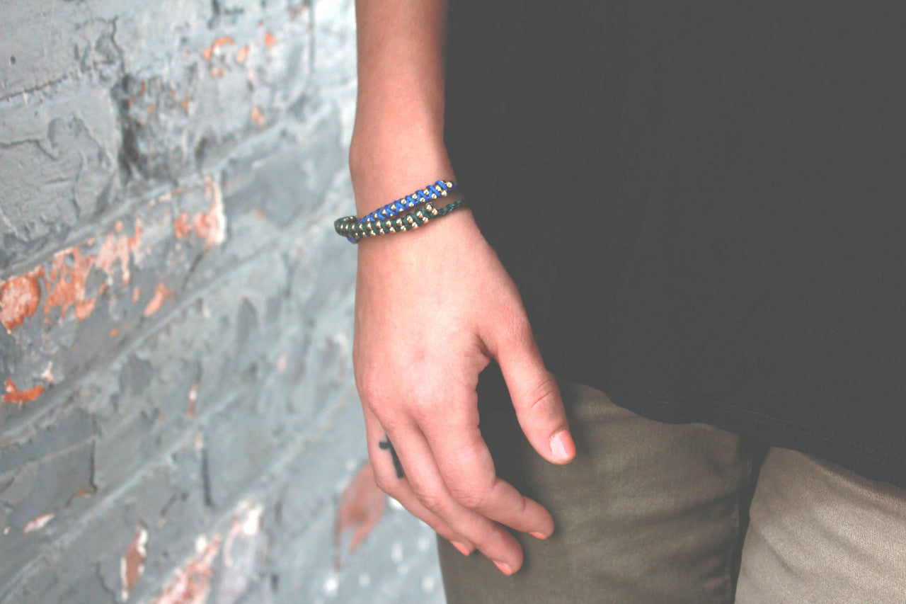 Adjustable Blue and Gold Beaded Friendship Bracelet - Woven Cord Bracelet with Gold Tone Beads