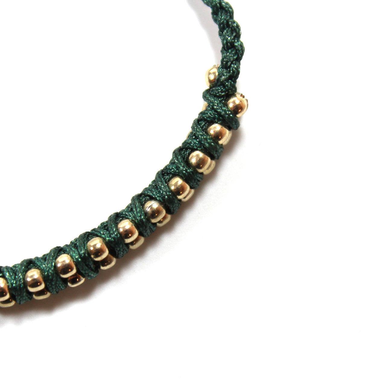 Green and Gold Beaded Friendship Bracelet with Adjustable Pull Cord