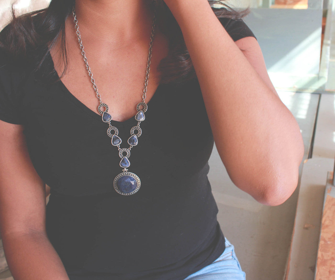 Genuine Sodalite Pendant Statement Necklace with Silver Tone Chain, Blue Natural Stone Jewelry