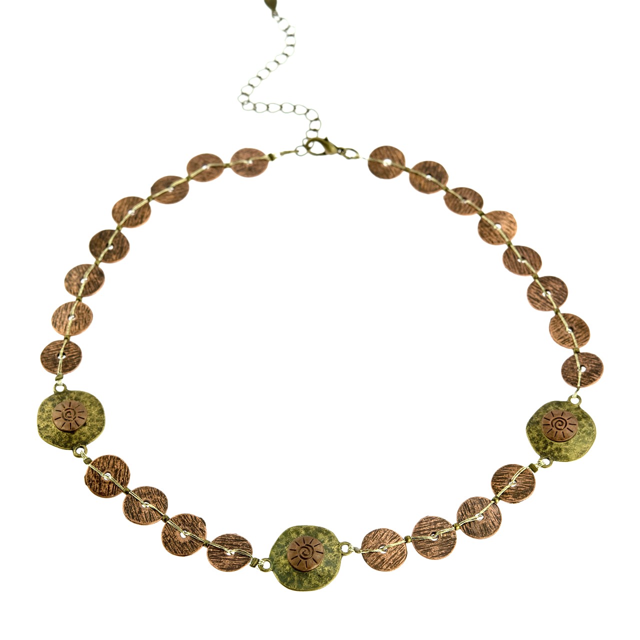 Handcrafted Two Tone Brass Disk Statement Necklace with Gold Silk Thread, Textured Bronze Disks, 16 Inch Chain with 3 Inch Extender