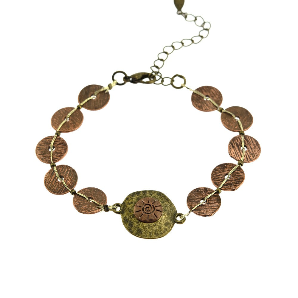 Textured Bronze Disk Chain Bracelet with Gold Thread and Extender Chain