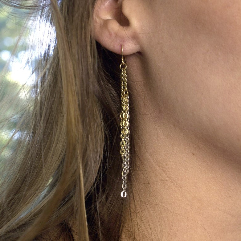 Cascading Multi-Strand Black and Silver Tone Chain Necklace and Dangle Earring Set
