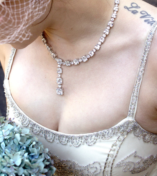 Elegant Cubic Zirconia Y-Drop Tennis Necklace, 16 Inch with 2 Inch Extension, Silver Tone Wedding Jewelry