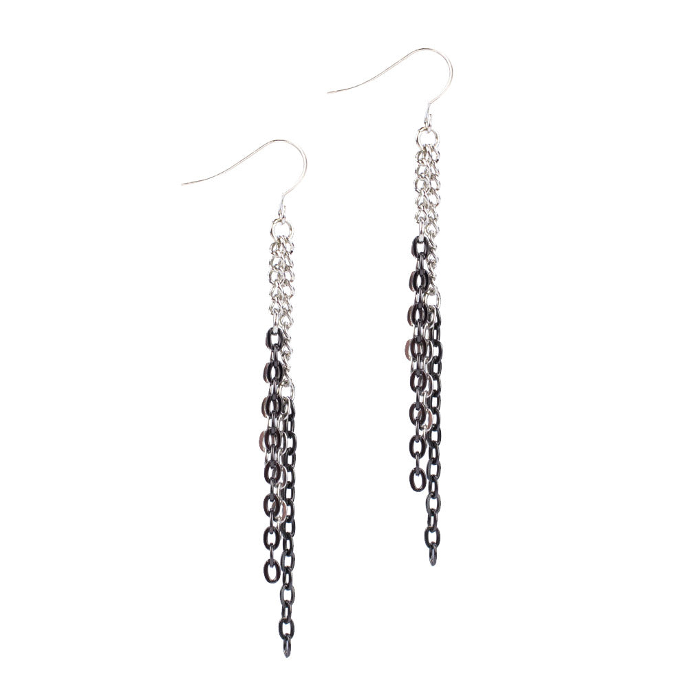 Cascading Multi-Strand Black and Silver Tone Chain Necklace and Dangle Earring Set