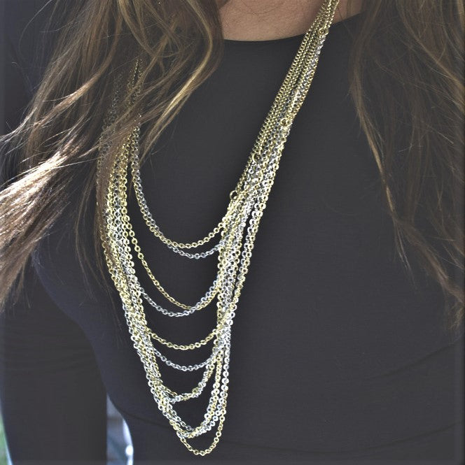 Cascading Multi-Strand Black and Silver Tone Chain Necklace and Dangle Earring Set