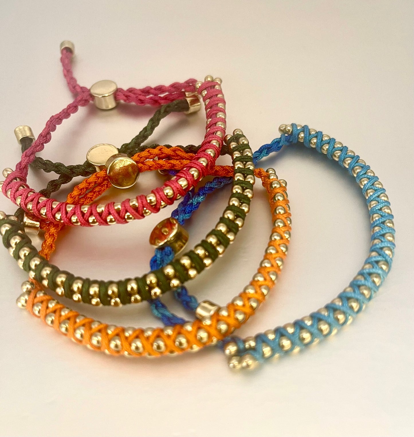 Adjustable Blue and Gold Beaded Friendship Bracelet - Woven Cord Bracelet with Gold Tone Beads