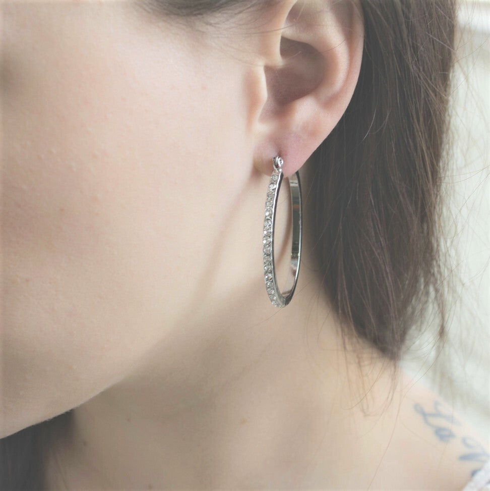 Silver Tone Crystal Hoop Earrings with Austrian Crystals and Latch Back Closure