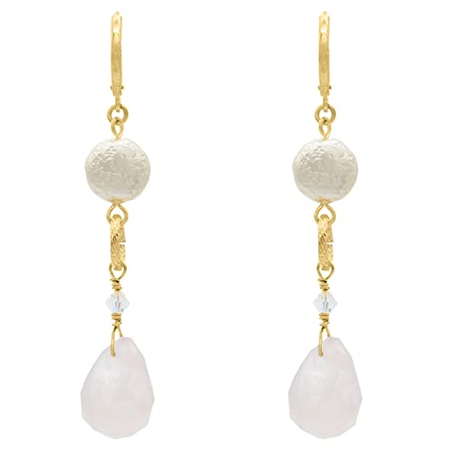 Bohemian Glass Pearl and Genuine Rose Quartz Dangle Earrings with Lever Back, 2.5 Inch Drop