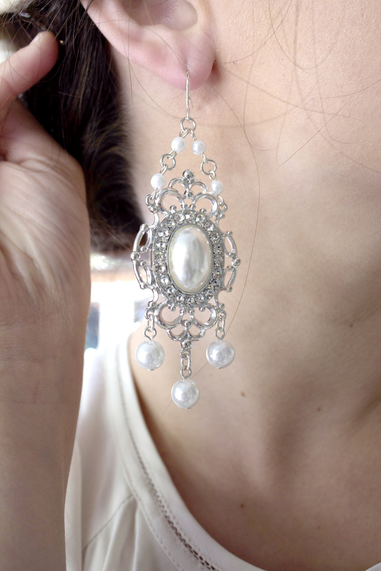 Vintage Style Pearl and Crystal Chandelier Drop Earrings - Wedding Bridal Statement Earrings