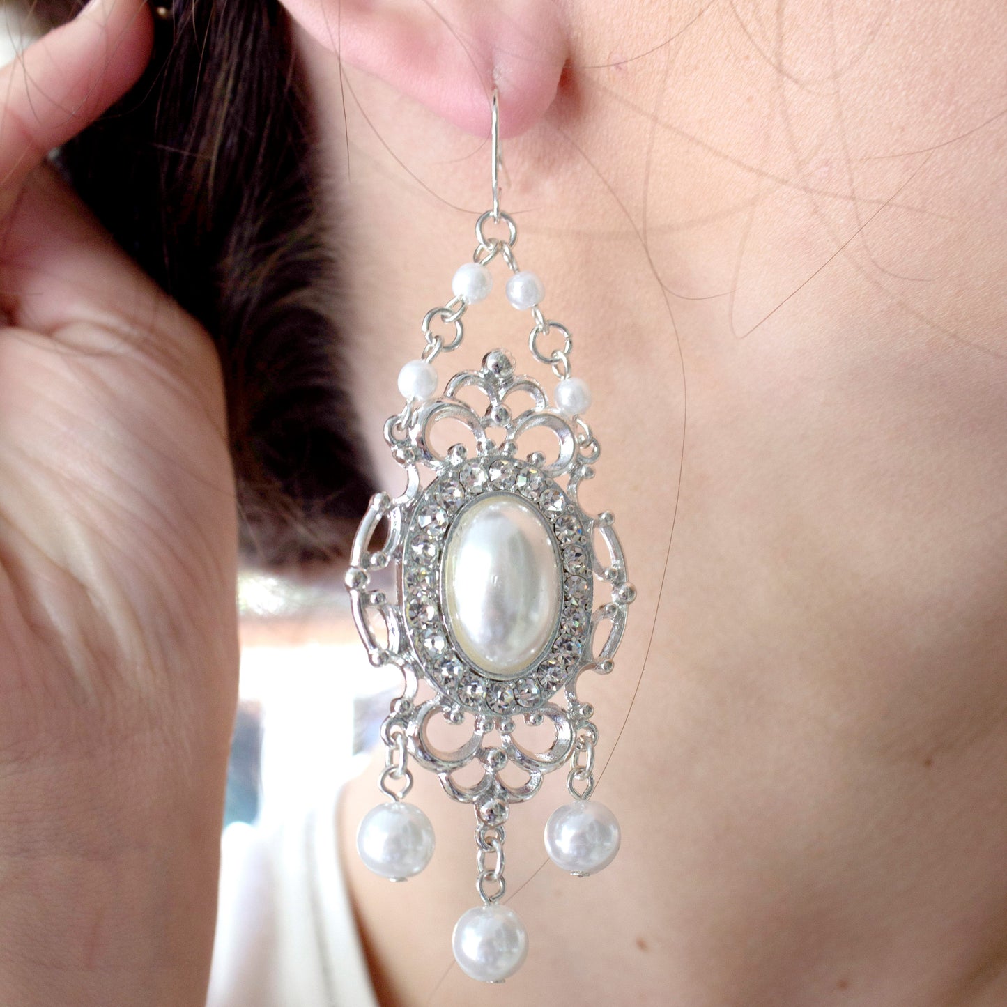 Vintage Style Pearl and Crystal Chandelier Drop Earrings - Wedding Bridal Statement Earrings