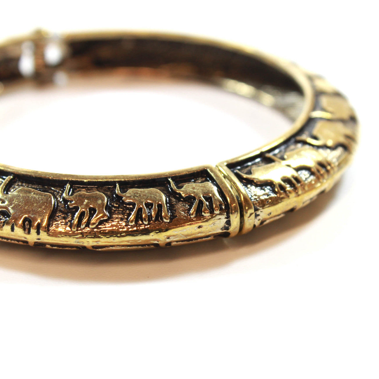 Antique Gold Tone Lucky Elephant Hinged Bangle Bracelet - Good Luck Charm Animal Jewelry