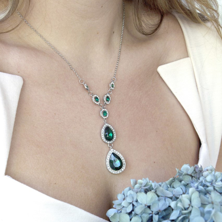 Elegant Emerald Green Crystal Y-Drop Necklace with Clear Austrian Crystal Accents, 16 Inch Chain with 3 Inch Extender