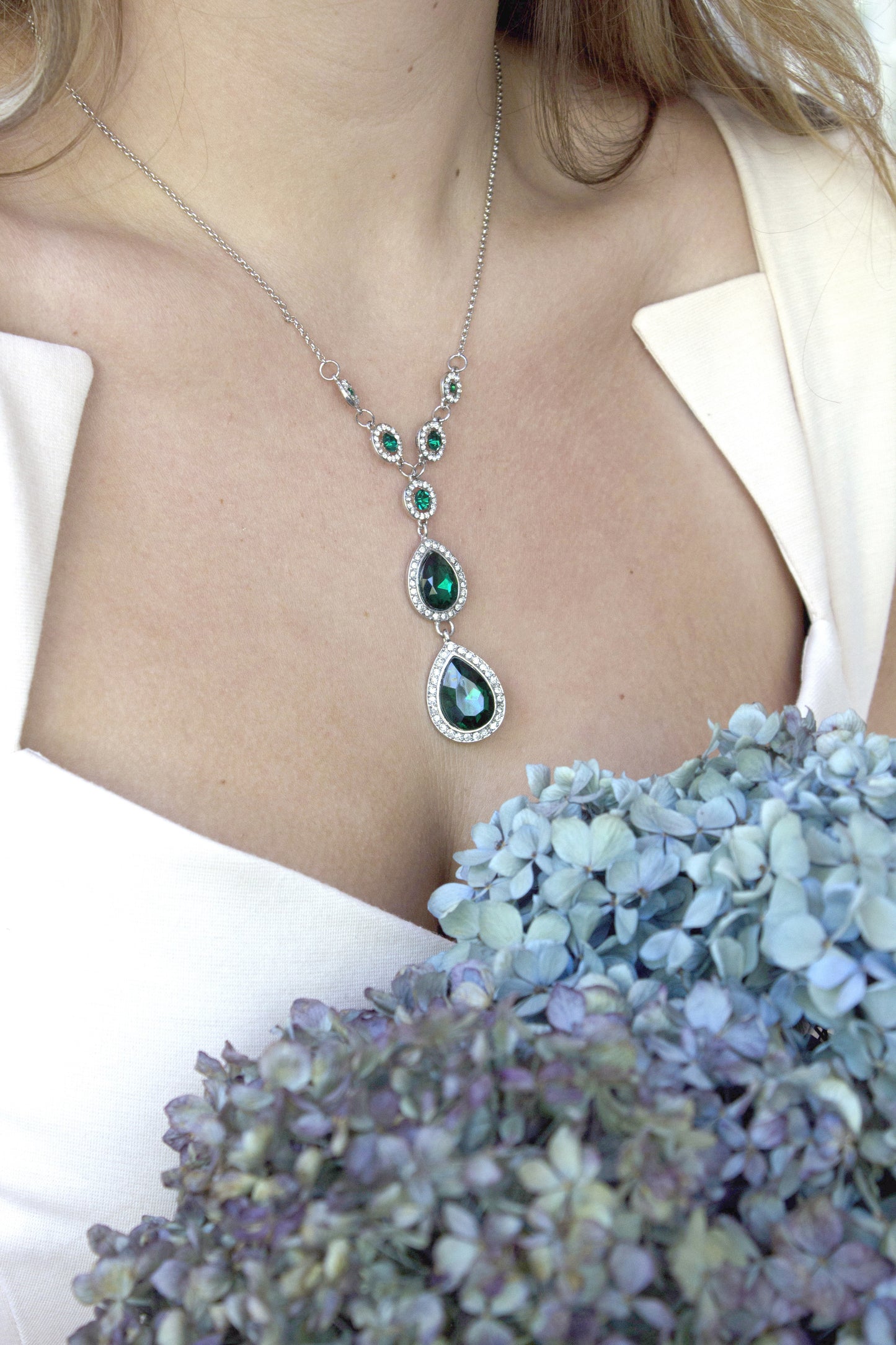 Elegant Emerald Green Crystal Y-Drop Necklace with Clear Austrian Crystal Accents, 16 Inch Chain with 3 Inch Extender