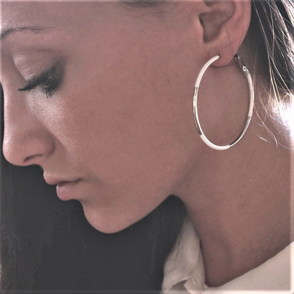 Large 2 Inch Two-Tone White and Silver Lightweight Hoop Earrings for Summer