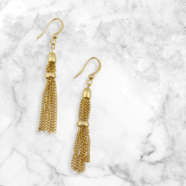 Gold Tone Chain Tassel Drop Earrings with Fish Hook Backing - 2 Inch Dangle Earrings