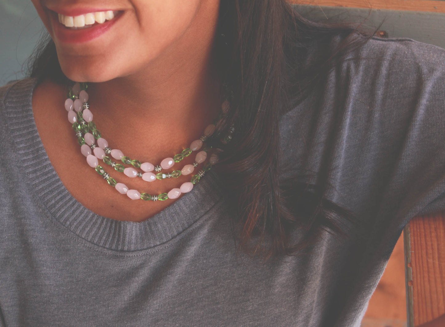 Triple Strand Rose Quartz and Peridot Glass Beaded Statement Necklace with Antiqued Metal Spacers