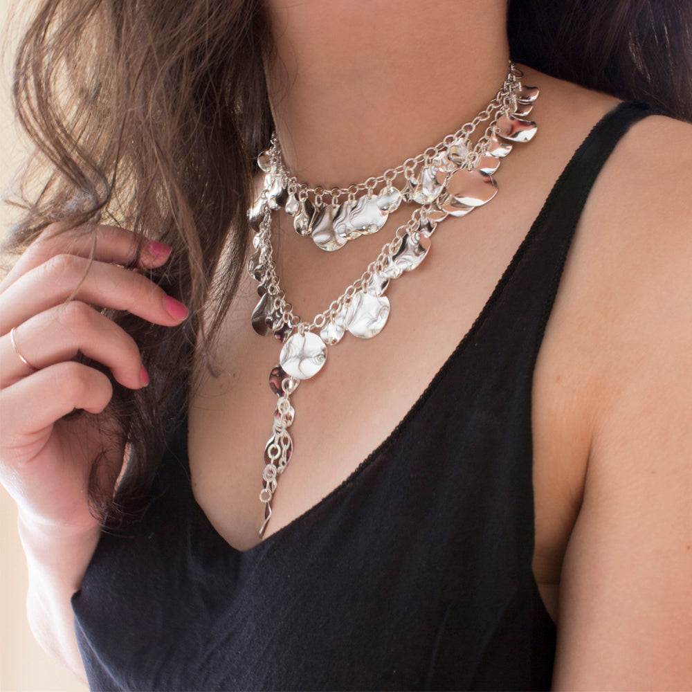 Silver Tone Cascading Disc Y-Style Statement Necklace with Shimmering Discs 16 inch Chain