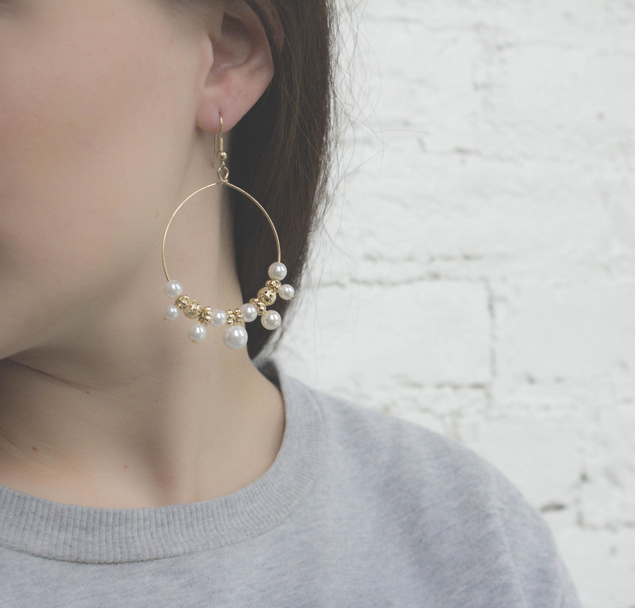 Pearl and Gold Bead Hoop Earrings
