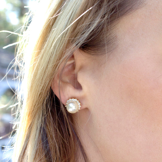 Elegant Pearl Stud Earrings with Crystal Halo Gold Tone Wedding Formal Jewelry